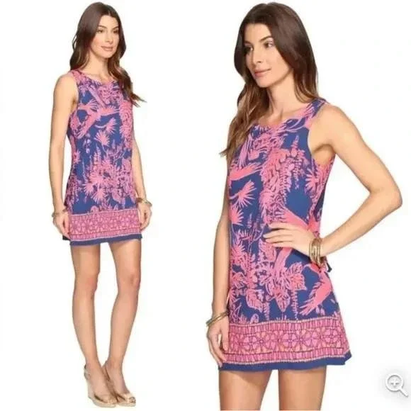 LILLY PULITZER Donna Romper Women 4 Indigo Night Caw Blue Pink Parrot Sleeveless - Picture 1 of 16